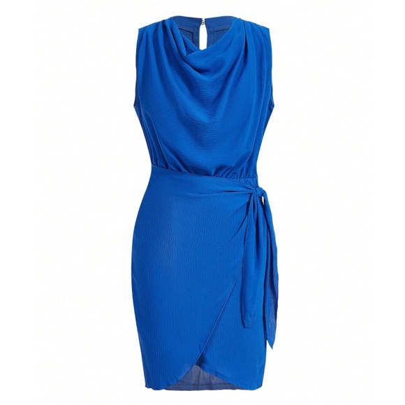 Royal Blue Crinkle Mini Dress Draped Neck Wrap Overlapping Side Tie Skirt - Picture 6 of 7